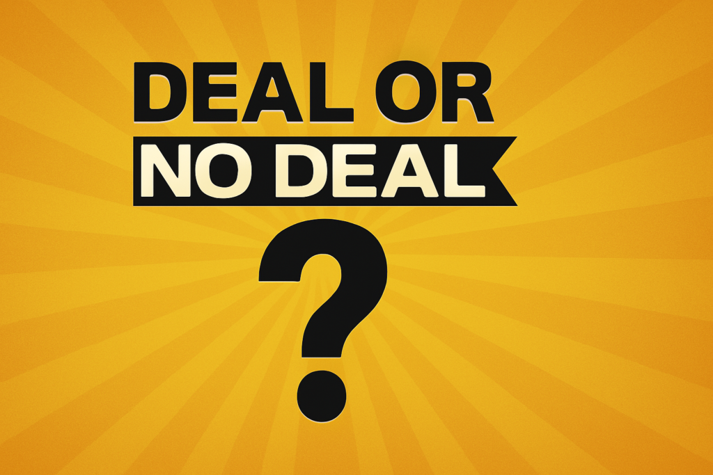 Ein Cartoon-Bild zeigt ein Chatfenster mit dem Titel "ChatGPT Deal or No Deal". Es gibt eine Sprechblase mit dem Text "Deal or No Deal?" und eine Schaltfläche "Deal" und "No