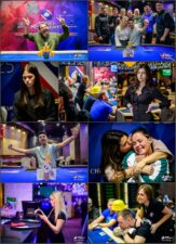 Ein Collage-Bild mit verschiedenen Pokerkarten und Chips, die auf einem grünen Pokertisch liegen. Es enthält Elemente aus dem Pokerspiel wie Ass, König, Dame, Bube und verschiedene Chips in