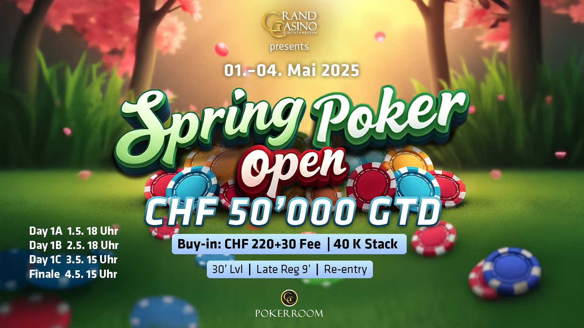 Ein Mann spielt Poker an einem Tisch mit grünem Filz, umgeben von anderen Spielern. Er hält Karten in der Hand und betrachtet konzentriert seine Chips. Die Atmosphäre ist gespannt