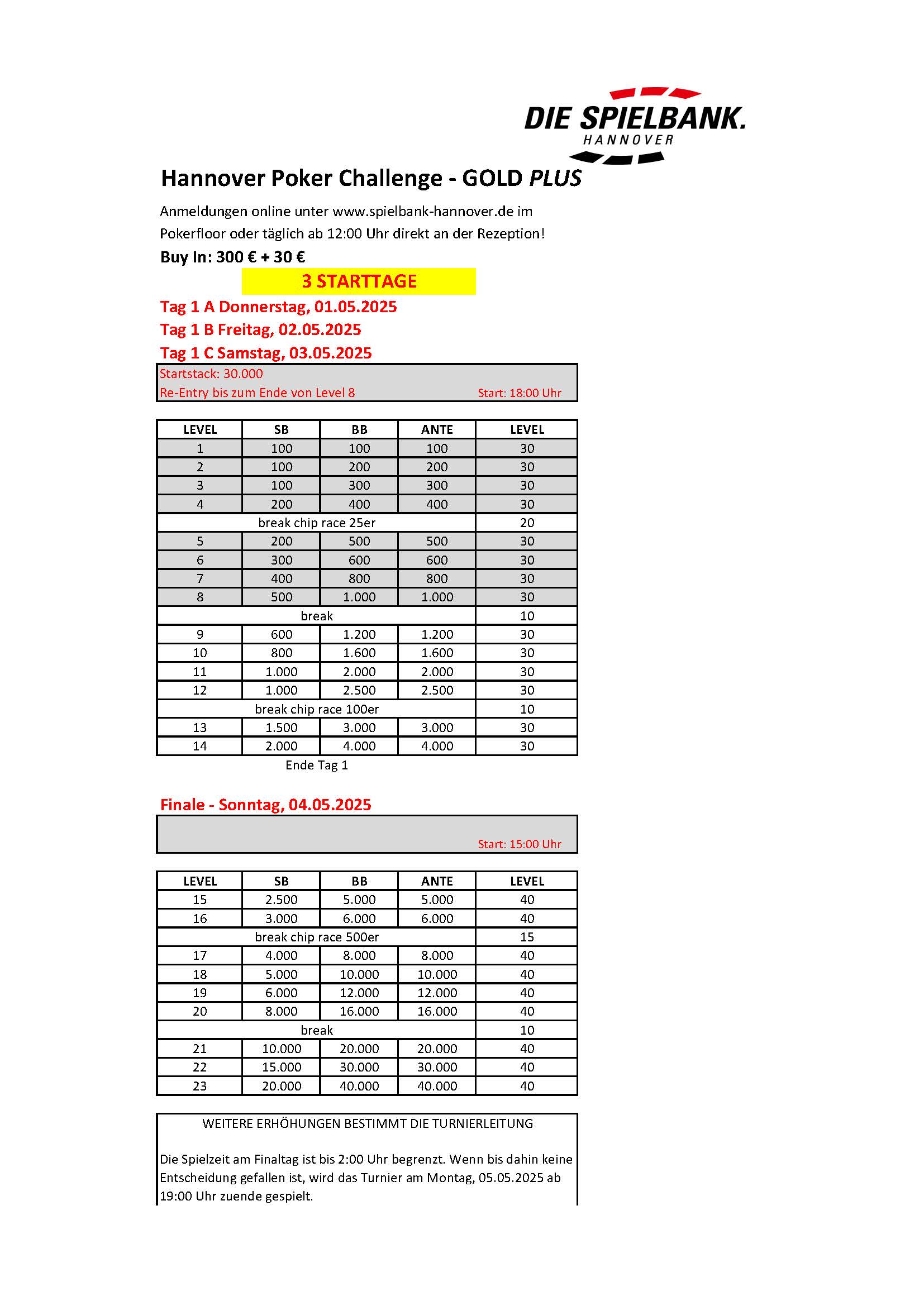 Ein Bild eines Pokerturnier-Zeitplans mit dem Titel "Timetable 300E GOLD Mai 3 Starttage Seite 1", das verschiedene Starttage und Informationen über das Turnier anzeigt.
