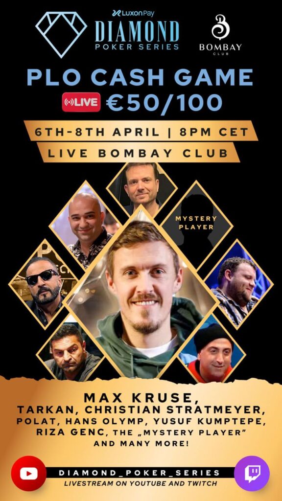 Ein Tisch mit Pokerchips, Karten und Getränken, umgeben von vier Personen, die Poker spielen.