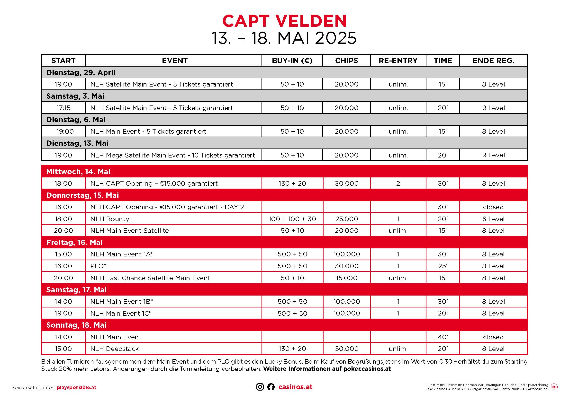 Ein Bild eines Turnierplans für das Jahr 2025 im Casino Velden. Der Plan zeigt verschiedene Pokerturniere, Termine und Veranstaltungsorte.