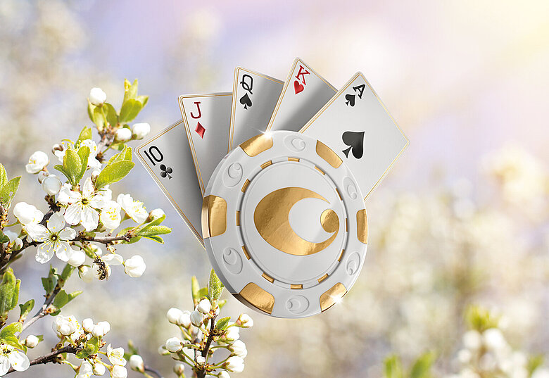 Ein Gruppenfoto von Pokerspielern, die während des Spring Poker Festivals posieren. Die Spieler sitzen an einem Tisch und halten Karten in der Hand, während sie konzentriert in die Kamera lächeln.