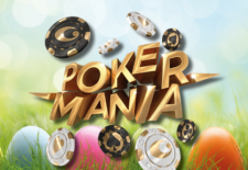 Ein buntes Plakat für die Osterpokermania mit einem Osterhasen, einem Pokertisch und Pokerchips, die auf einem grünen Hintergrund liegen.