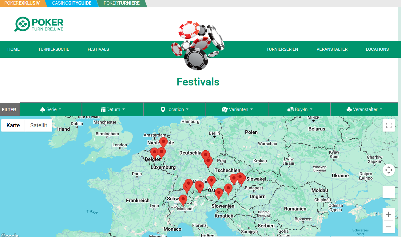 Ein Screenshot einer Website mit dem Titel "Events - Pokerturniere.Live" in einem Mozilla Firefox-Browserfenster.