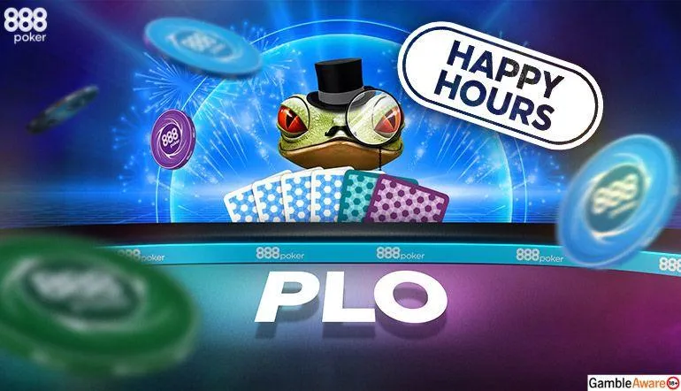Ein lebhaftes Bild von einer Online-Pokerplattform, das ein Angebot für Rakeback und PLO Happy Hours zeigt, mit bunten Grafiken und Textelementen.