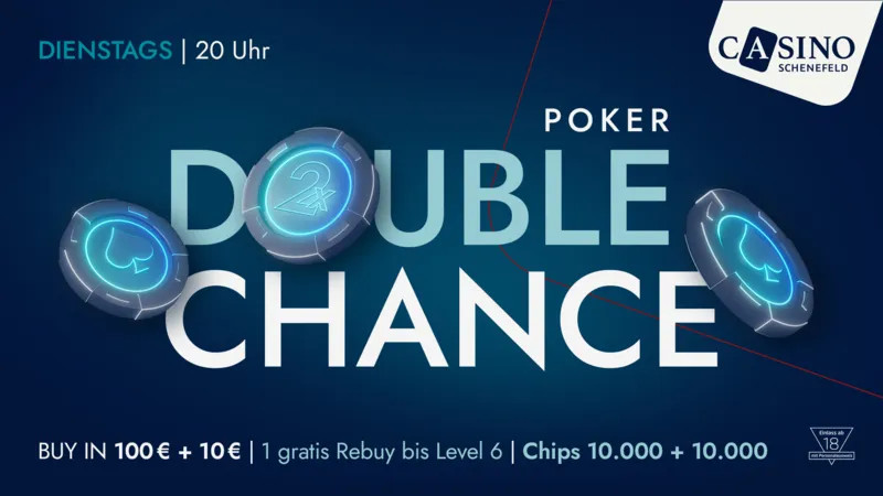 Ein professioneller Pokertisch mit grünem Filz, umgeben von Stühlen und Pokerchips. In der Mitte des Tisches liegt eine Hand mit Spielkarten. Im Hintergrund sind unscharfe Spieler zu sehen