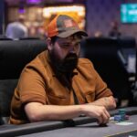 Ein professioneller Pokertisch mit grünem Filz, umgeben von Stühlen und Pokerchips. In der Mitte des Tisches liegen Spielkarten und auf dem Hintergrund sind unscharfe Spieler zu erkennen
