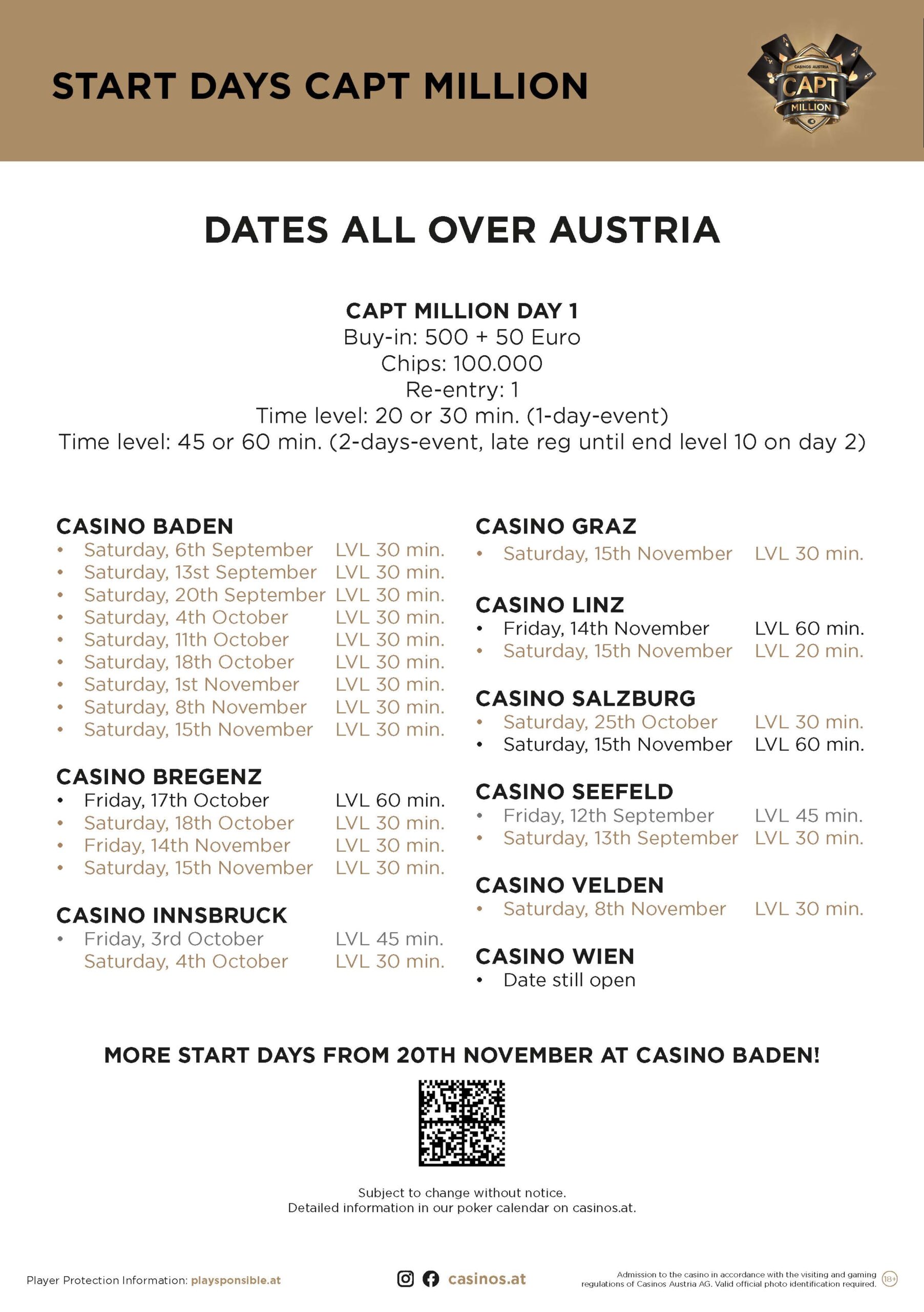 Ein Bild, das eine Übersicht der Starttage für ein Pokerturnier zeigt, mit verschiedenen Daten und Uhrzeiten für die Teilnahme.