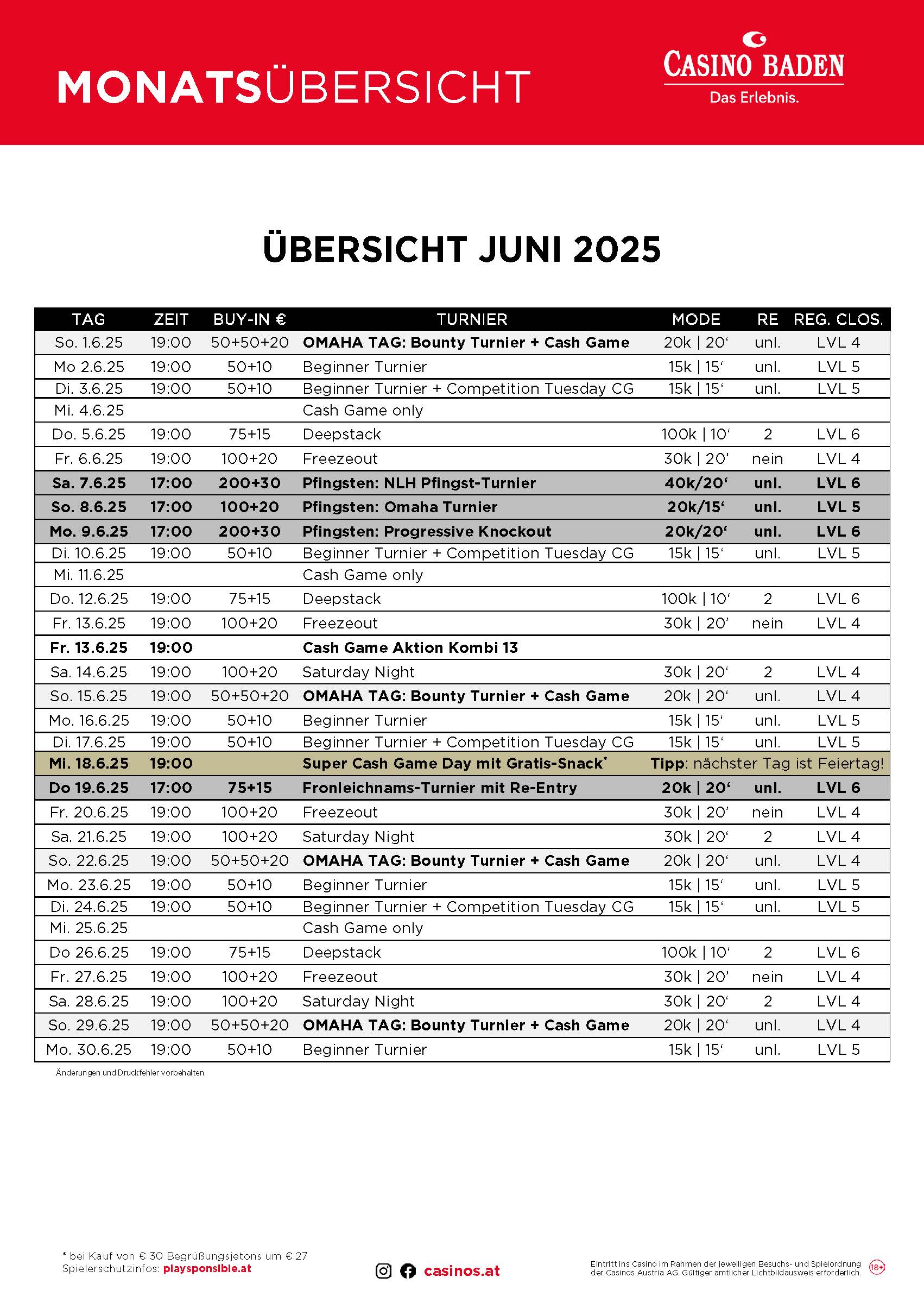 Ein Foto einer Liste von Pokerturnieren im Juni 2025, die auf einem Bildschirm angezeigt werden. Es werden die verschiedenen Turnierdaten, -orte und -zeiten angezeigt.