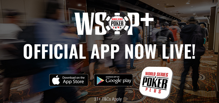 Ein Werbebanner für die WSOP-App mit dem Logo der World Series of Poker und dem Text "Play Now" in leuchtenden Farben auf dunklem Hintergrund.