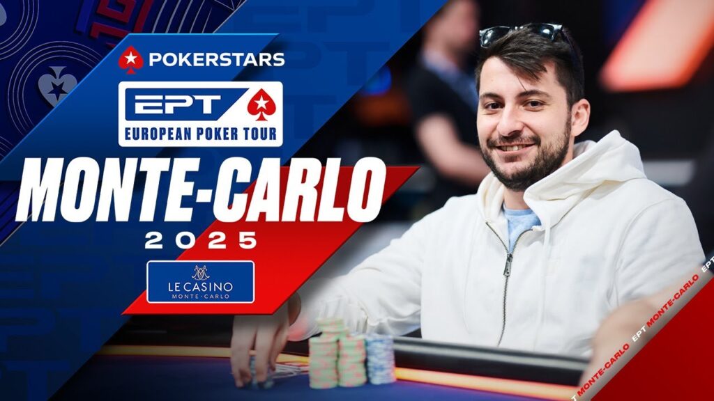 Ein Pokerturnier mit Spielern, die um einen Tisch herum sitzen und Karten halten, während ein Dealer in der Mitte des Tisches Karten austeilt. Die Spieler sind konzentriert und tragen Kopfh