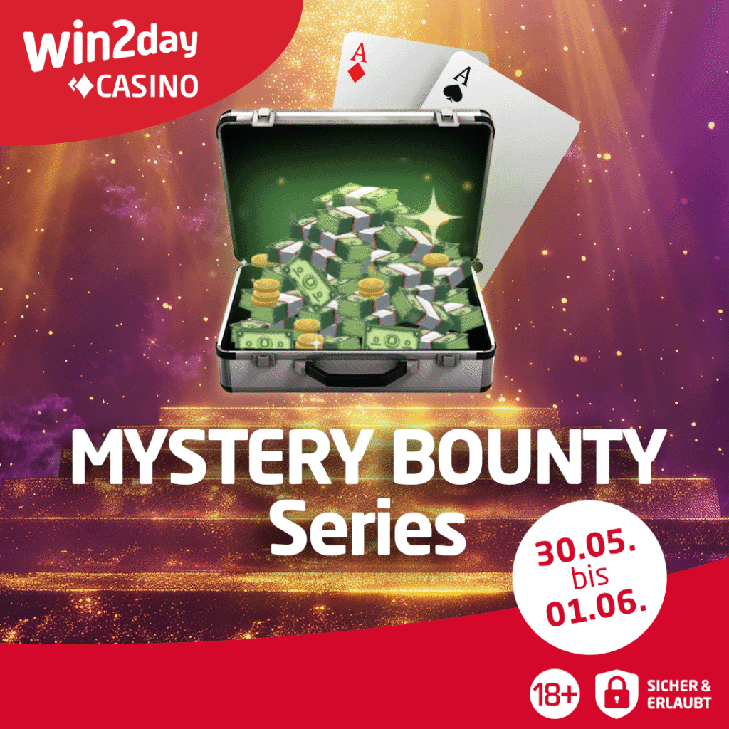 Ein Werbebild für die Facebook Mystery Bounty Series, das eine Reihe von Poker-Chips in verschiedenen Farben zeigt, die auf einem grünen Pokertisch liegen. Am oberen Rand des Bildes befindet sich der Titel