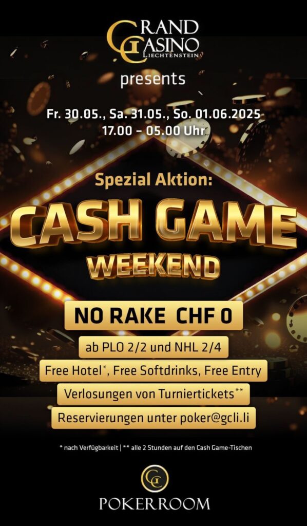 Ein Gruppenfoto von Pokerspielern, die an einem Cashgame-Wochenende teilnehmen. Die Spieler sitzen um einen Pokertisch herum, halten Karten in den Händen und haben Pokerchips vor sich liegen