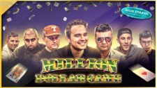 Ein Pokerturnier mit hohen Einsätzen, bei dem mehrere Spieler an einem Tisch sitzen und Karten halten. Der Tisch ist mit grünem Filz bedeckt und es sind Chips und Getränke auf