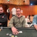 Ein professioneller Pokerspieler mit Sonnenbrille und Kappe sitzt an einem Pokertisch und betrachtet seine Karten konzentriert. Im Hintergrund sind weitere Spieler und Jetons zu sehen.