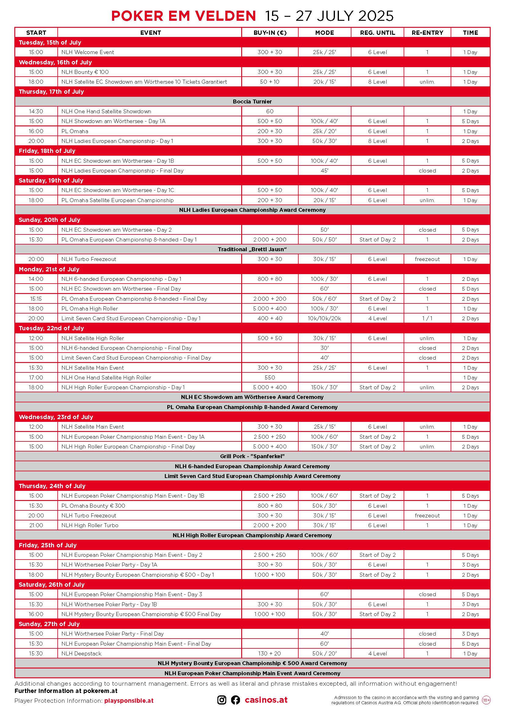 Ein Bild eines Pokerturnierplans für die Poker-Europameisterschaft 2025, der die Termine und Veranstaltungsorte der verschiedenen Turniere zeigt.