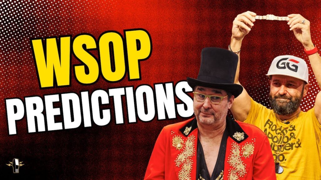 Ein Bild von einer virtuellen Pokertischszene mit Spielkarten, Jetons und einem Bildschirm, der die WSOP 2025 Vorhersagen zeigt.