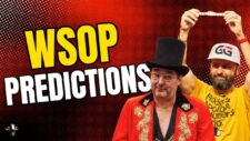 Ein Bild von einer virtuellen Pokertischszene mit Spielkarten, Jetons und einem Bildschirm, der die WSOP 2025 Vorhersagen zeigt.