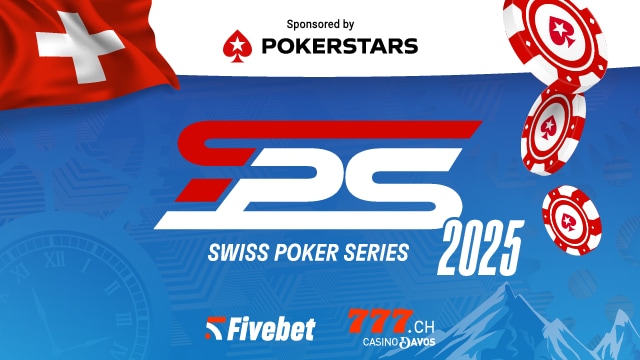 Ein voll besetzter Pokertisch bei den Swiss Poker Series in Montreux im Mai 2025, mit Spielern, die konzentriert ihre Karten betrachten und setzen. Im Hintergrund sind luxuriöse Ein