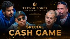 Ein luxuriöser Whisky-Lounge-Bereich während eines Triton Poker-Cashgames in Zypern im Jahr 2023. Spieler sitzen an einem eleganten Tisch, umgeben von edlen Whiskyflaschen