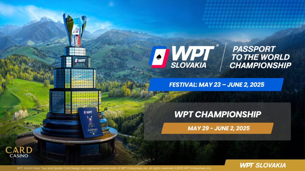 Ein stilvolles Werbebild für die World Poker Tour Slovakia im Mai 2025. Ein Pokertisch mit Chips und Karten, umgeben von glamourösen Menschen in eleganter Kleidung, die an einem spannenden Turn