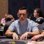Ein professioneller Pokertisch mit grünem Filz und Chips, Karten und Getränken darauf. Mehrere Personen sitzen um den Tisch herum und spielen Poker in einem gemütlichen Raum mit gedämpftem