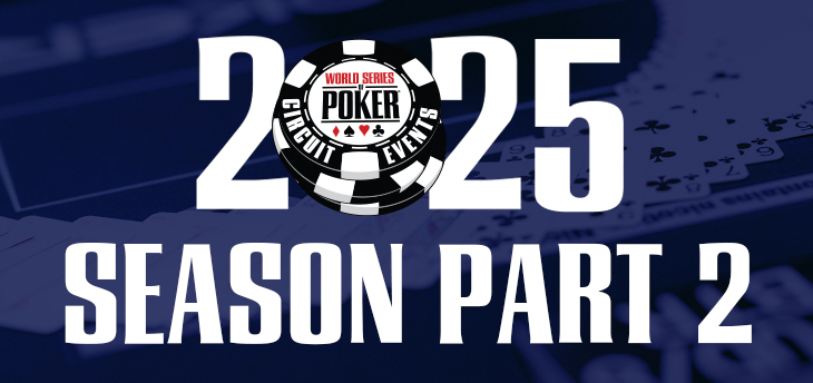 Ein Banner für die Einführung des WSOP Circuit Schedule Launch. Es zeigt das Logo des World Series of Poker Circuit und verschiedene Pokerchips in den Farben Rot, Blau und Grün. Im Hintergrund sind Spielkarten zu