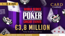 Ein Bild von einem Poker-Turnier mit einem großen Preisgeld von 3 Millionen Euro. Eine Gruppe von Pokerspielern sitzt an einem Tisch, jeder konzentriert sich auf seine Karten. Ein Dealer steht in