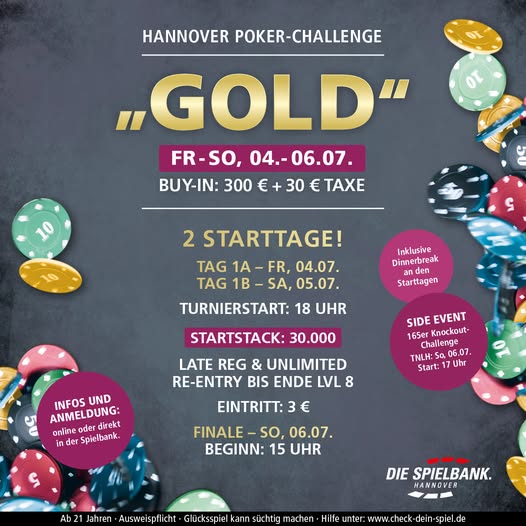 Ein Bild eines goldenen Pokalpokal-Pokertisches mit Pokerchips und Spielkarten, die darauf liegen. Es scheint, als ob eine hochkarätige Pokerherausforderung stattfinden würde.